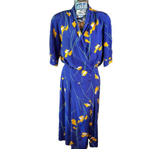 Vintage Maggy Boutique Midi Dress Blue w/yellow Flowers Size 12 Shoulder Pads